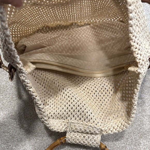 Cream and Brown Crescent Shoulder Bag with Bamboo Accent - Picture 4 of 6